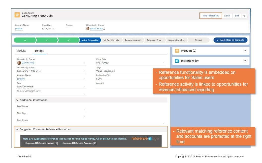 Screenshot of the ReferenceEdge software, showing a customer advocacy action in Salesforce