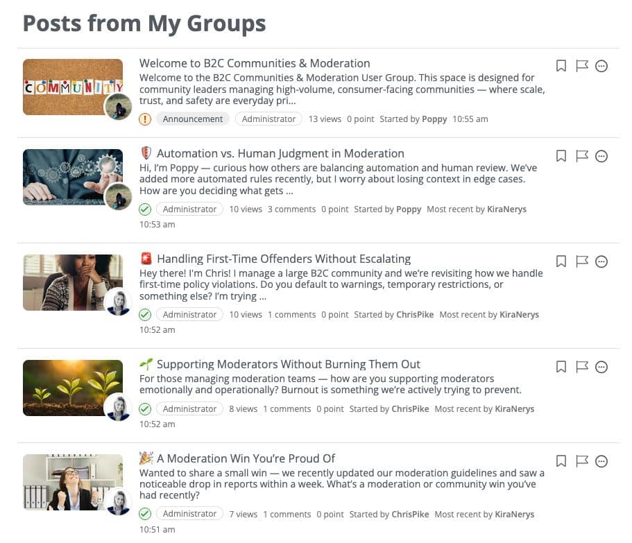 A Higher Logic Vanilla community member’s feed showing Group activity integrated with community updates and activity. 