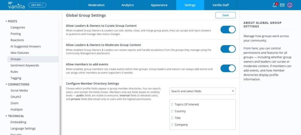 Higher Logic Vanilla Group permission settings 
