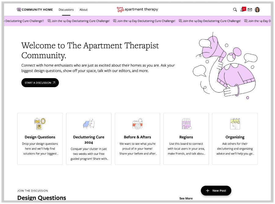 Homepage for the Apartment Therapist Community, an example of a custom-branded online community forum