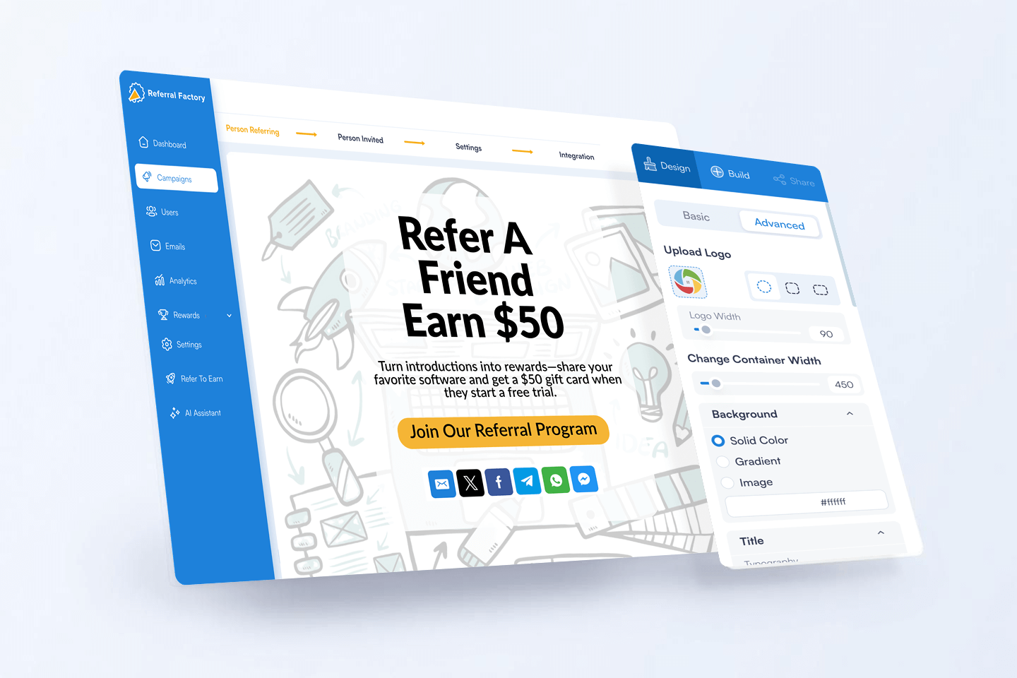 Mockup of a Referral Factory dashboard and referral ask