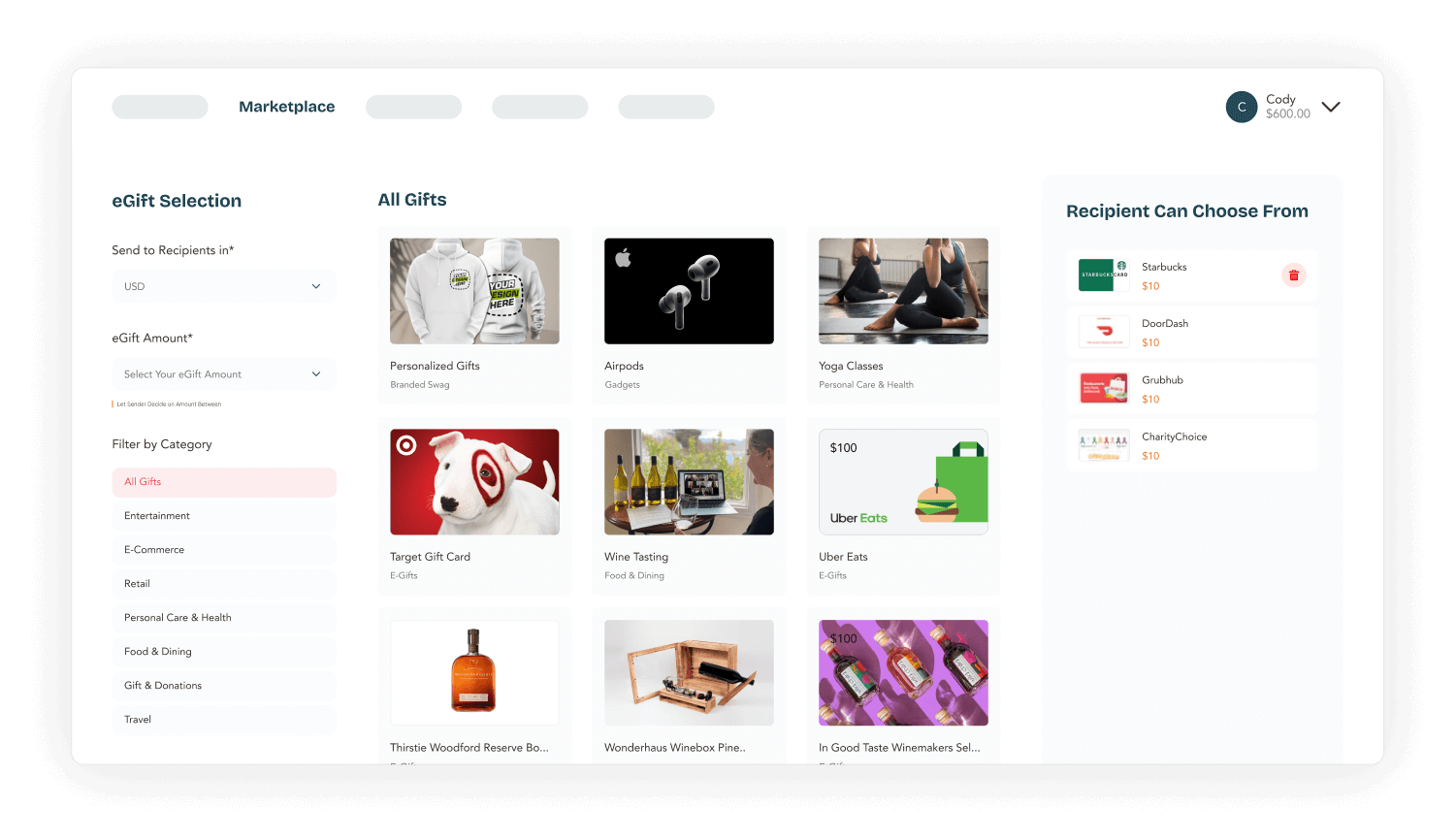 Mockup of the Sendoso platform, showing a gift marketplace for customer advocates