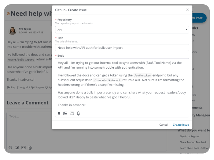 Higher Logic Vanilla create a github issue from a community post