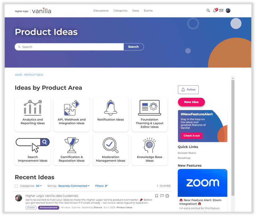 Higher Logic Vanilla Success Community Product Ideation Page