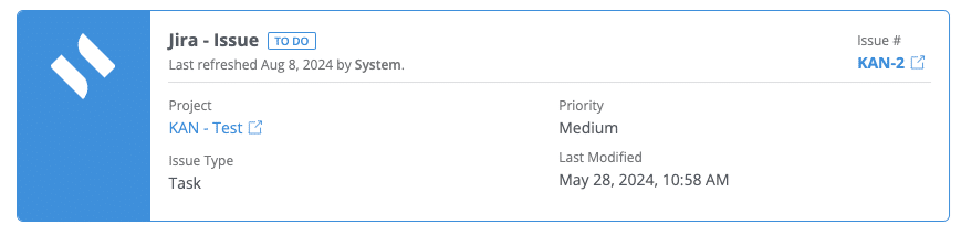 Higher logic vanilla jira integration showing an example of the Jira issue card displayed on a community post after it has been escalated.
