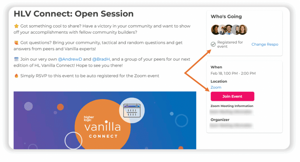 Higher Logic Vanilla Zoom Integration, showing after a member registers, the event page updates with a Join Event button, making it easy to join the Zoom event directly from the community when it starts.