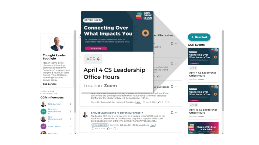 Gain Grow Retain's community on Higher Logic Vanilla community platform featuring the events module for event promotion