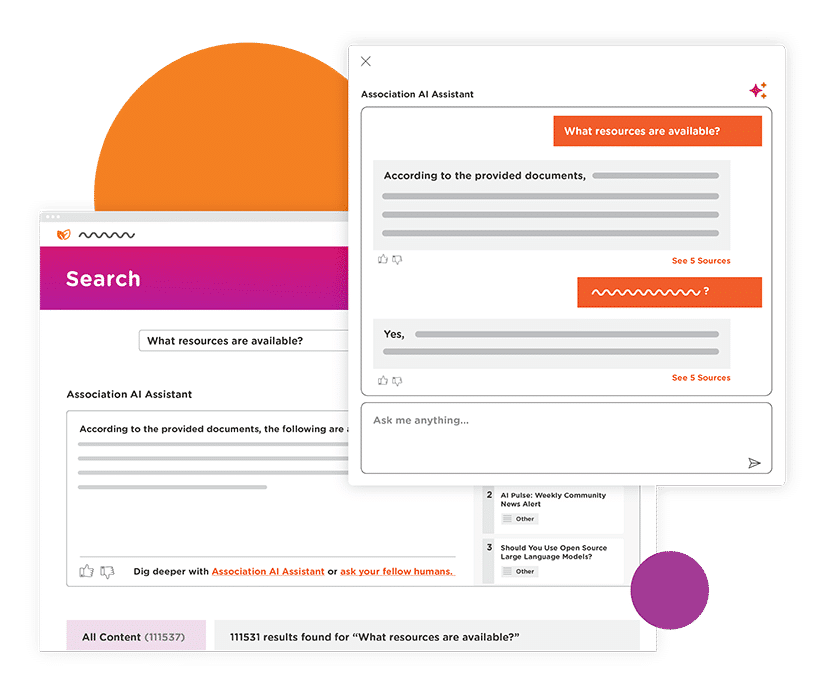 Visualization of the AI-powered search and chat features within Higher Logic’s member engagement software