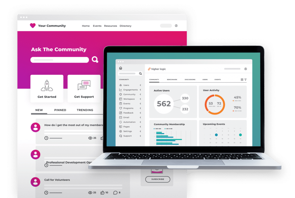 Laptop graphic showing the #1 member engagement platform, Higher Logic Thrive