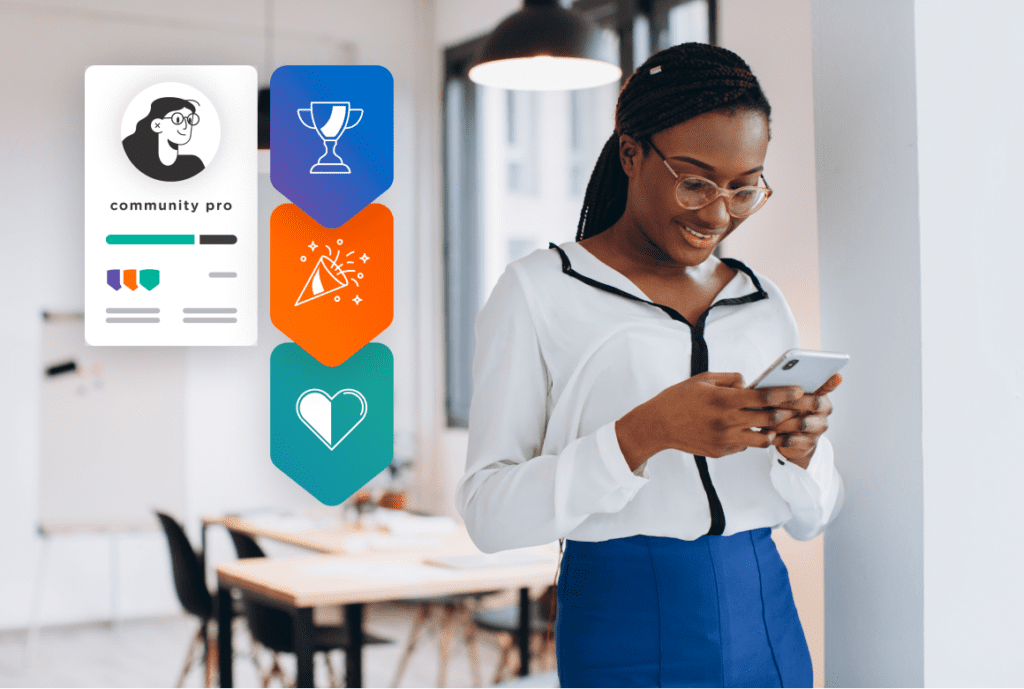 Visualization of member engagement gamification tactics, including badges, a progress bar, and a “Community Pro” title