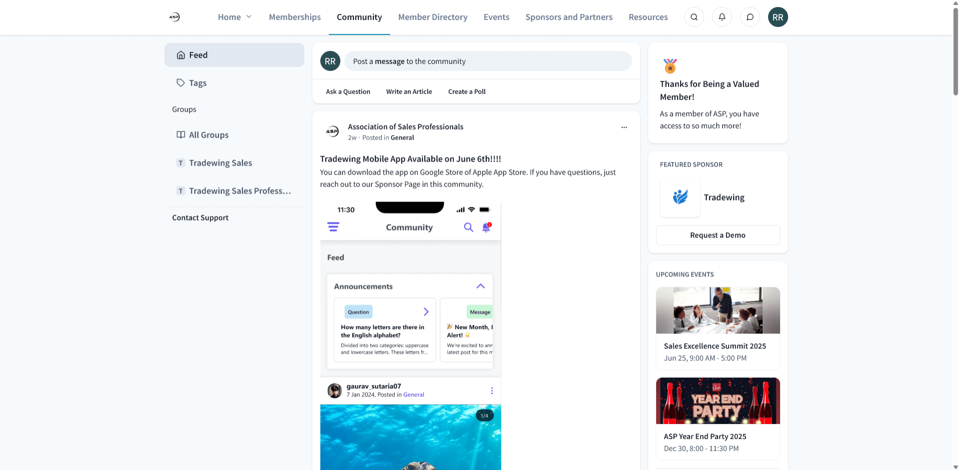 Screenshot of an online community hosted by Tradewing