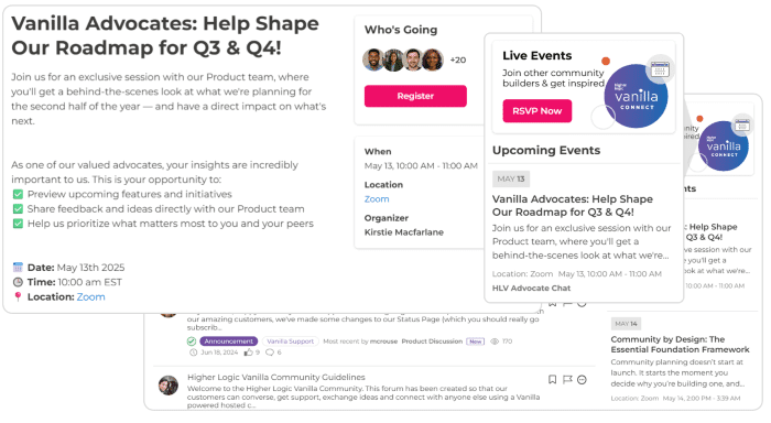 Example customer engagement event posted in a Higher Logic Vanilla online community