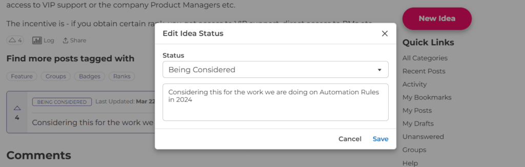Higher Logic Vanilla community product ideation custom status update for product feedback