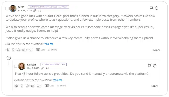 Example discussion thread in a community forum, showing a post about welcome strategies and a response from another member.