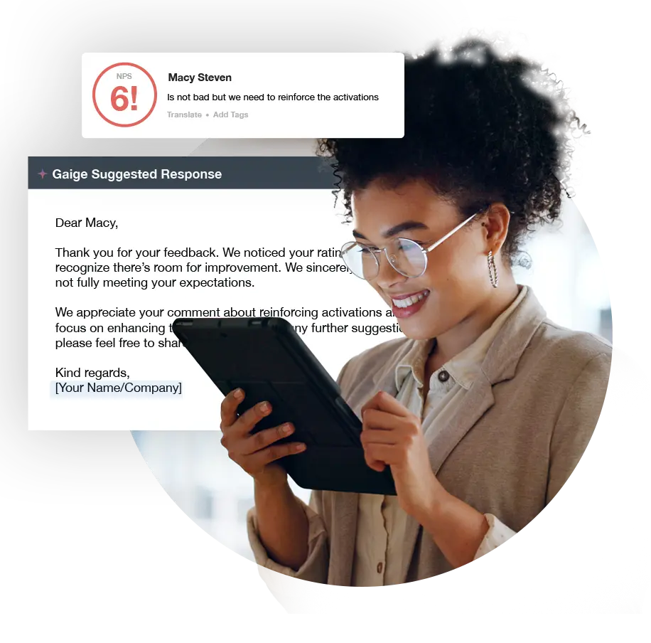 Sample NPS score and AI-suggested reply from CustomerGauge