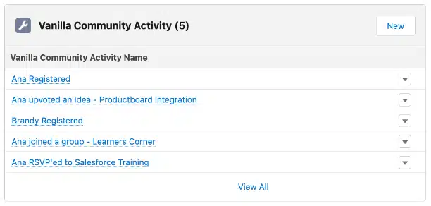 Community activities from Vanilla—such as registrations, posts, ideas, group joins, and event RSVPs—are automatically synced into a Salesforce object you create, making all engagement records easy to review in one place.