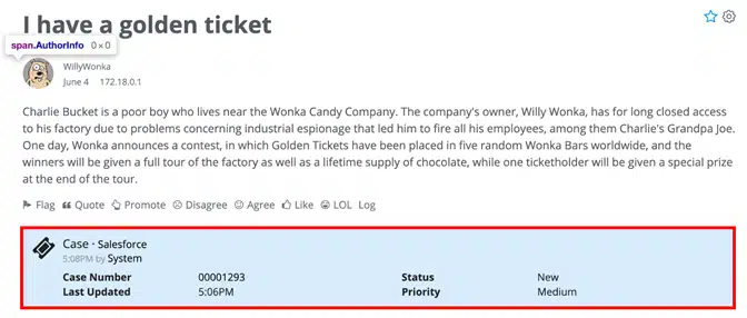 After a case is created through the Salesforce integration, its details appear on the originating community post—visible only to moderators—to support clear case tracking and follow-up.