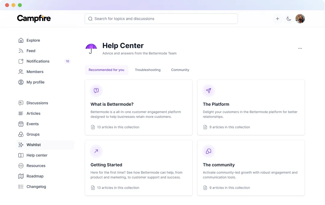 Screenshot of the Help Center in Bettermode’s online community software